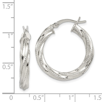 Sterling Silver Rhod-Plated Patterned Twisted 4X25mm Hoop Earrings