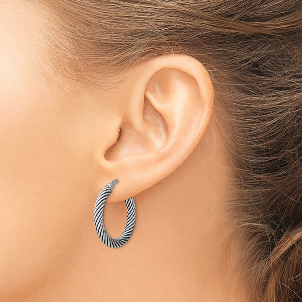Sterling Silver Antiqued 3.25X25mm Twisted Hoop Earrings