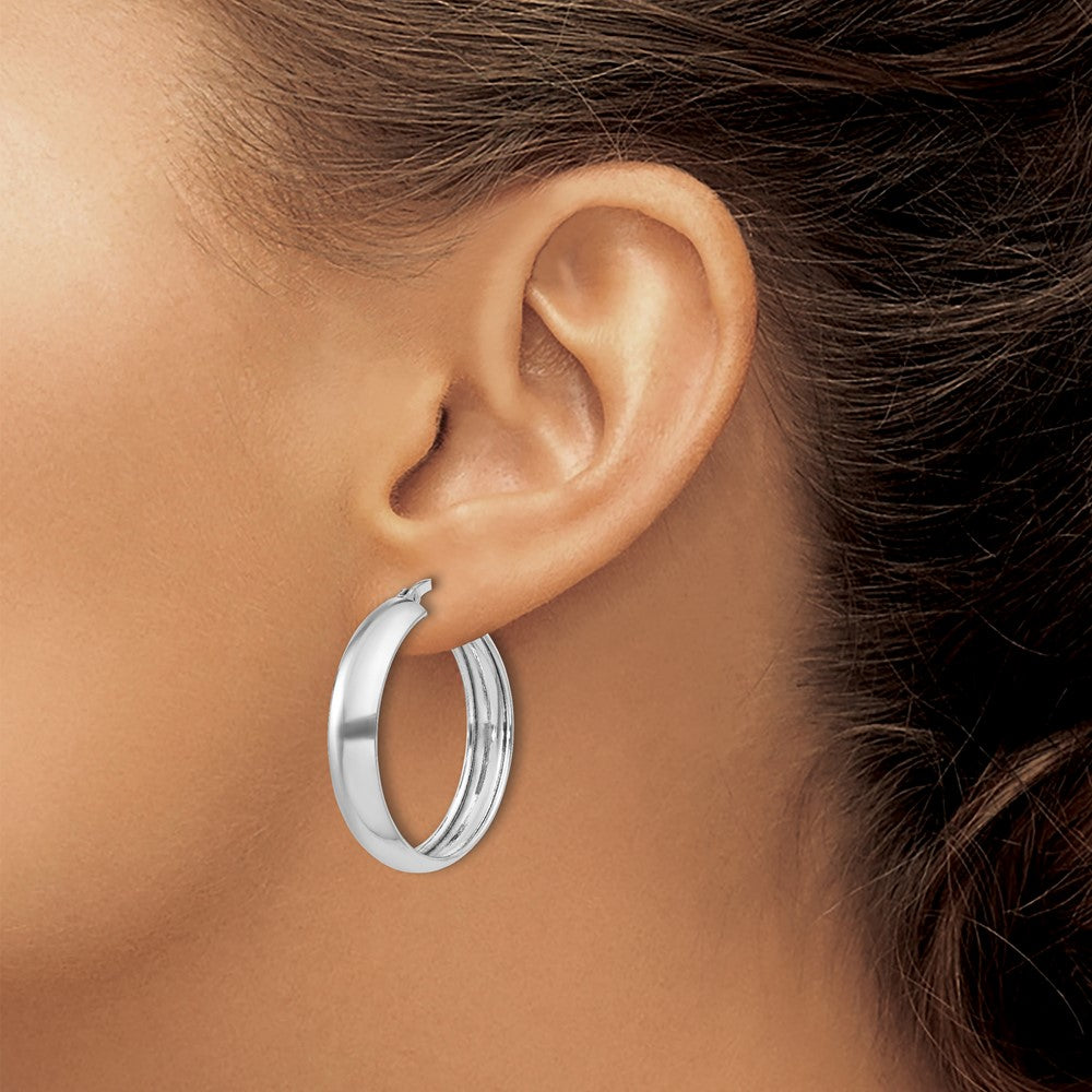 Sterling Silver Rhodium-Plated 6X30mm Polished Hoop Earrings