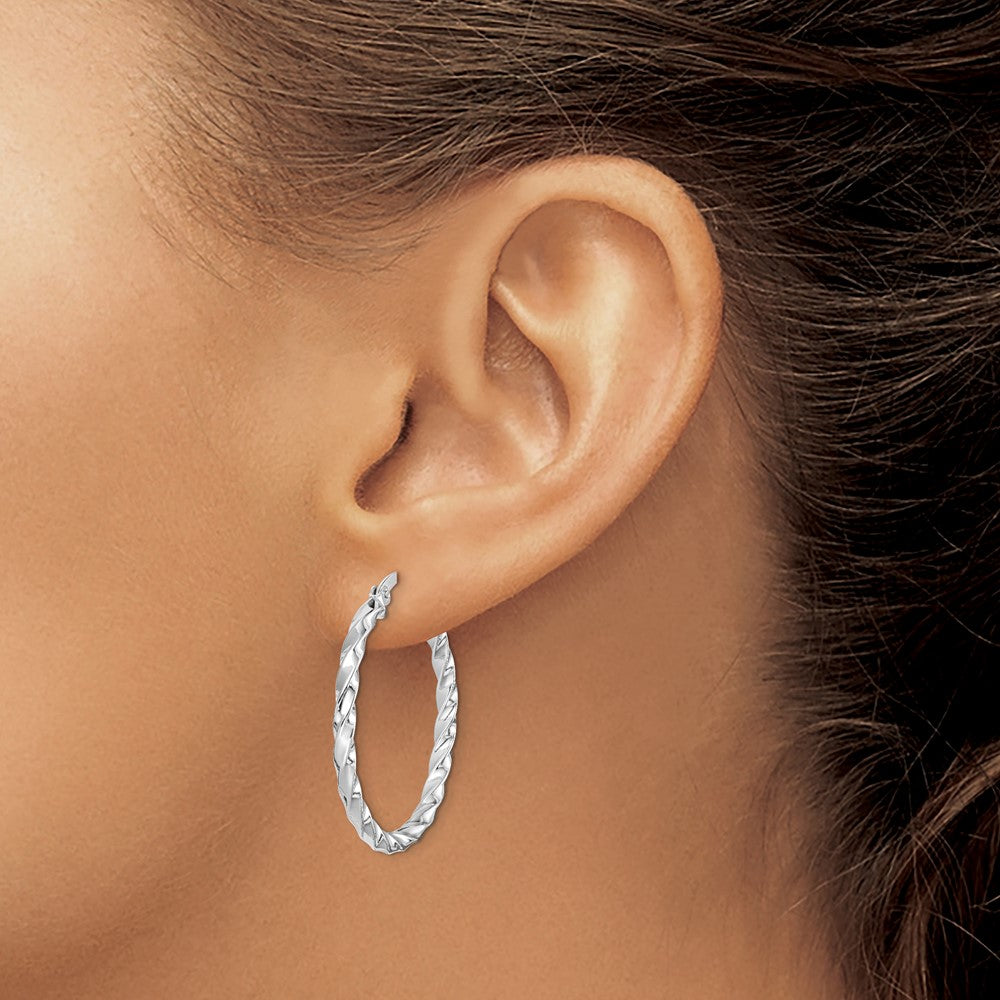 Sterling Silver Rhodium-Plated Twisted 3X30mm Hoop Earrings