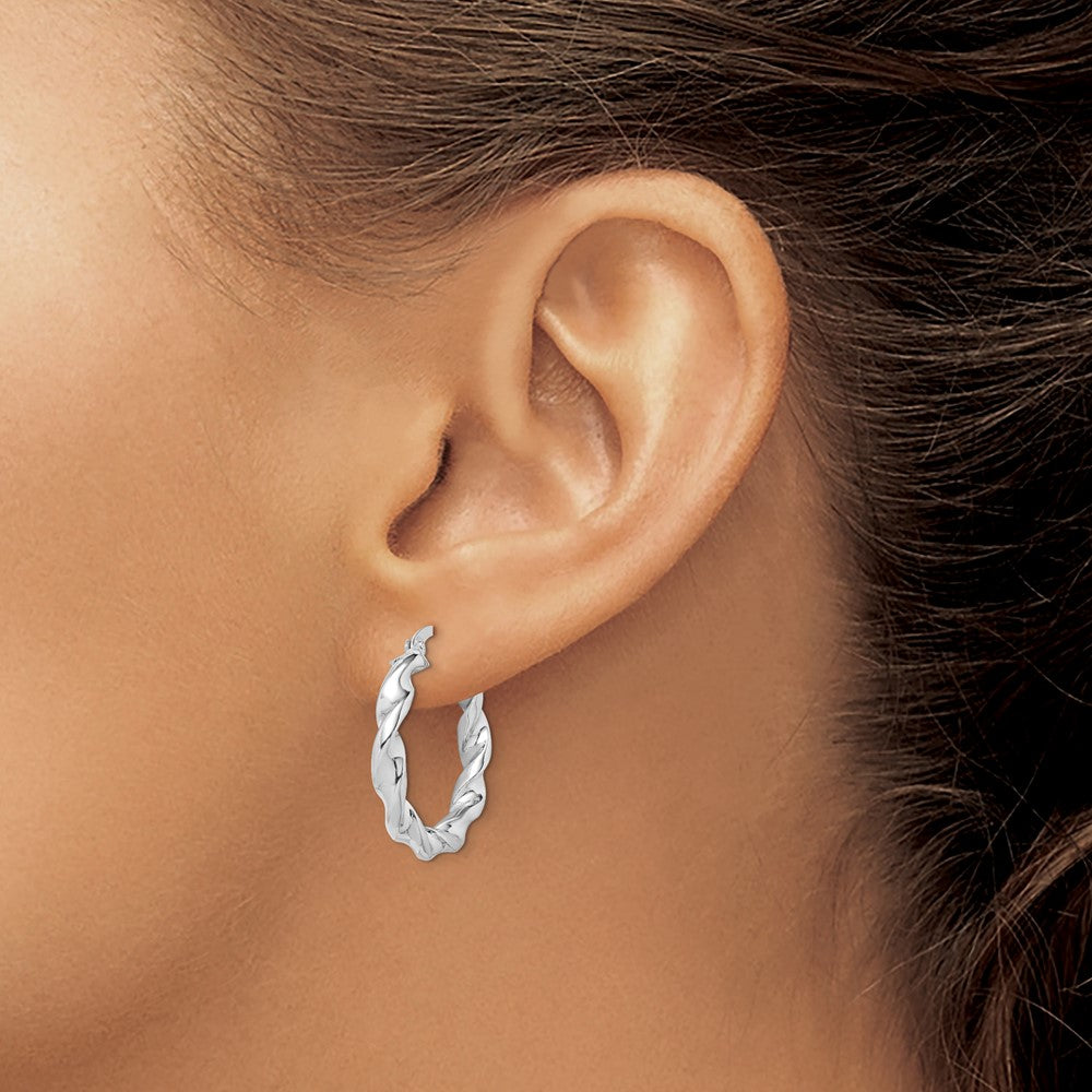 Sterling Silver Rhodium Plated Twisted 3.5X25mm Hoop Earrings