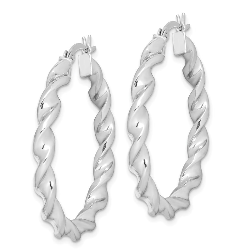 Sterling Silver Rhodium Plated Twisted 3.5X35mm Hoop Earrings