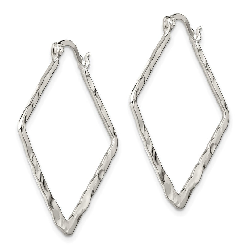 Sterling Silver Rhod-Pltd Polished/Hammered Square Hoop Earrings