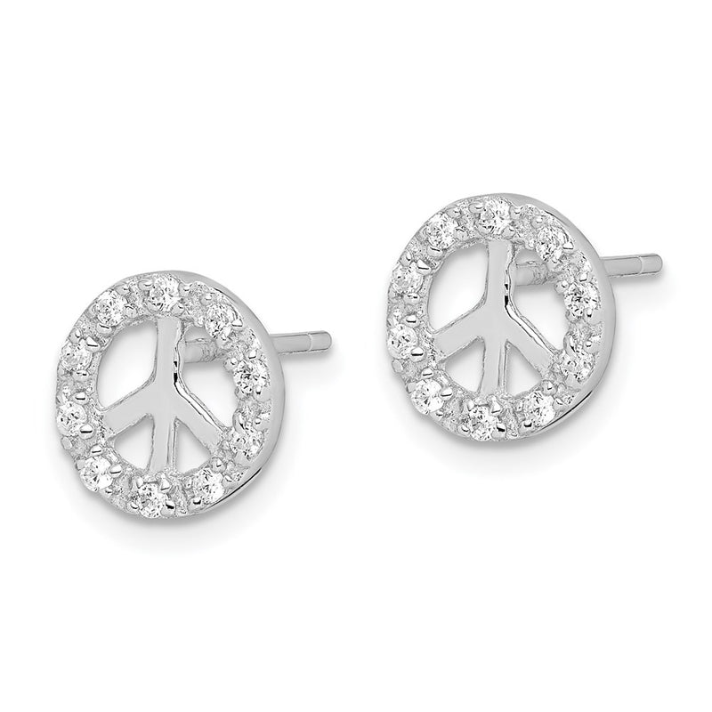 Sterling Silver Rhodium-Plated Small Cz Peace Symbol Post Earrings