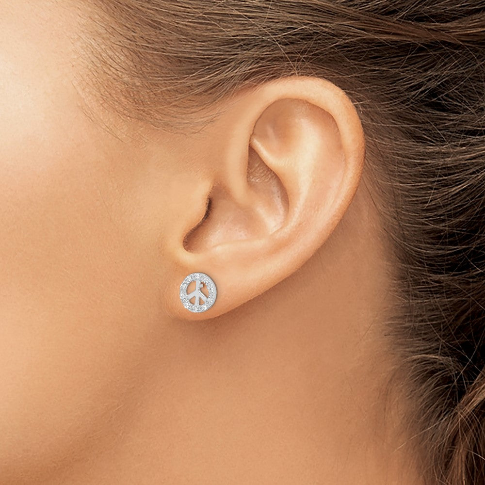 Sterling Silver Rhodium-Plated Small Cz Peace Symbol Post Earrings