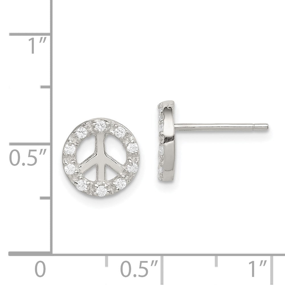 Sterling Silver Rhodium-Plated Small Cz Peace Symbol Post Earrings