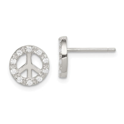 Sterling Silver Rhodium-Plated Small Cz Peace Symbol Post Earrings