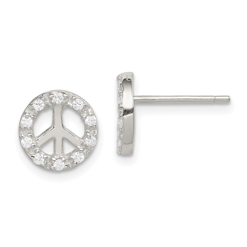 Sterling Silver Rhodium-Plated Small Cz Peace Symbol Post Earrings