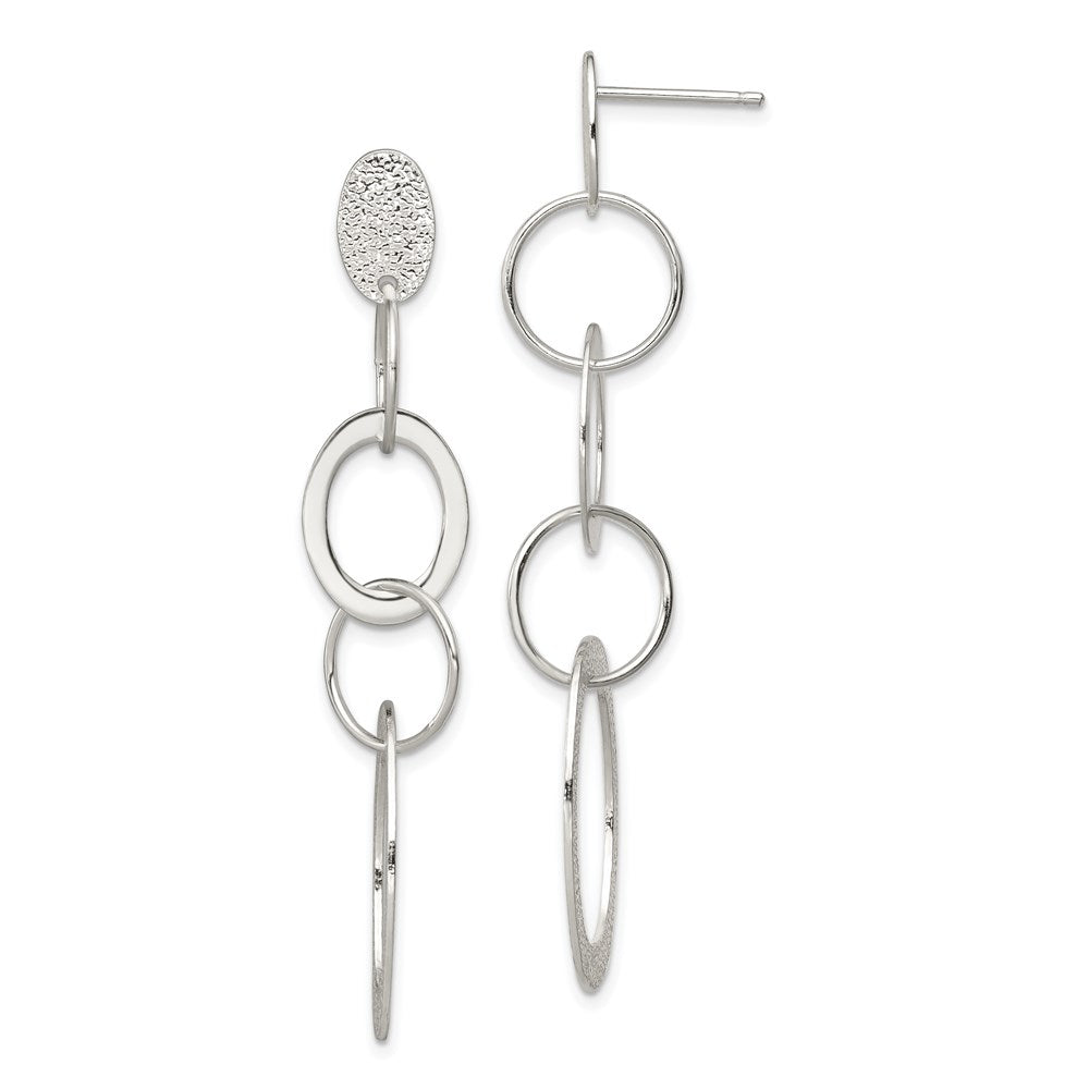 Sterling Silver Polished & Textured Circle Oval Links Post Dangle Earring