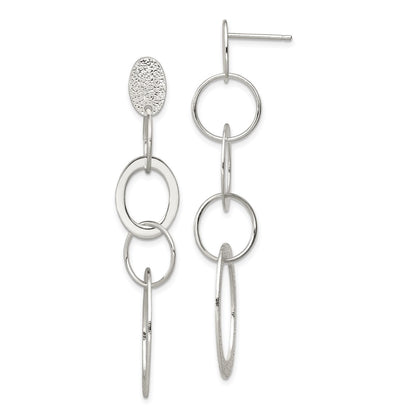 Sterling Silver Polished & Textured Circle Oval Links Post Dangle Earring