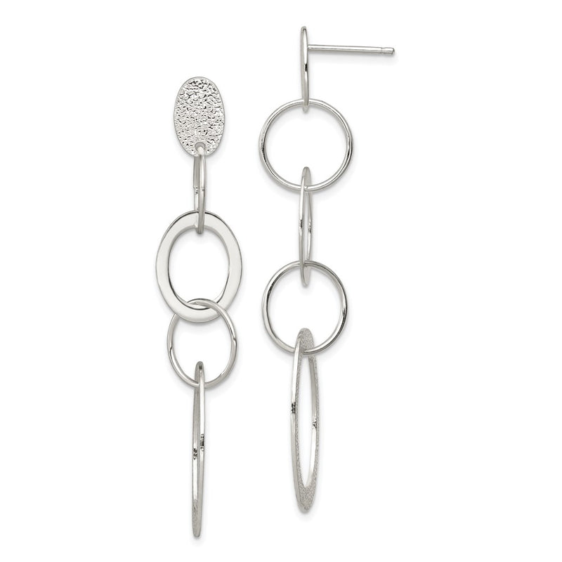 Sterling Silver Polished & Textured Circle Oval Links Post Dangle Earring