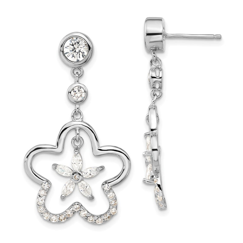 Sterling Silver Polished Cz Flower Post Dangle Earrings