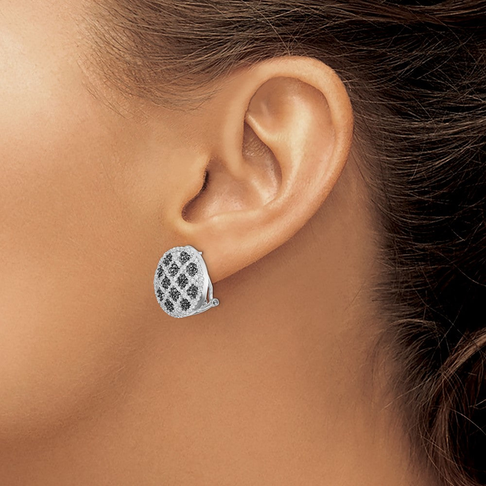 Sterling Silver Rhod-Pltd Black/White Cz Criss Cross Omega Back Earrings