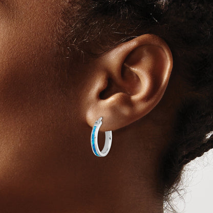 Sterling Silver Rhod-Plated Created Blue Opal Inlay Round Hoop Earrings
