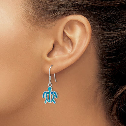 Sterling Silver Rhodium-Plated Created Blue Opal Inlay Tortoise Dangle Earrings