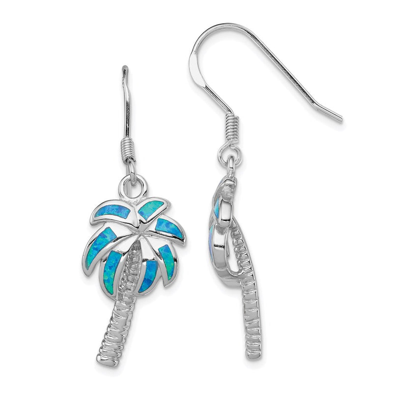 Sterling Silver Rhodium-Plated Created Blue Opal Inlay Palm Tree Dangle Earrings
