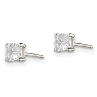 Sterling Silver 4mm Round Basket Set Cross-Cut Cz Stud Earrings