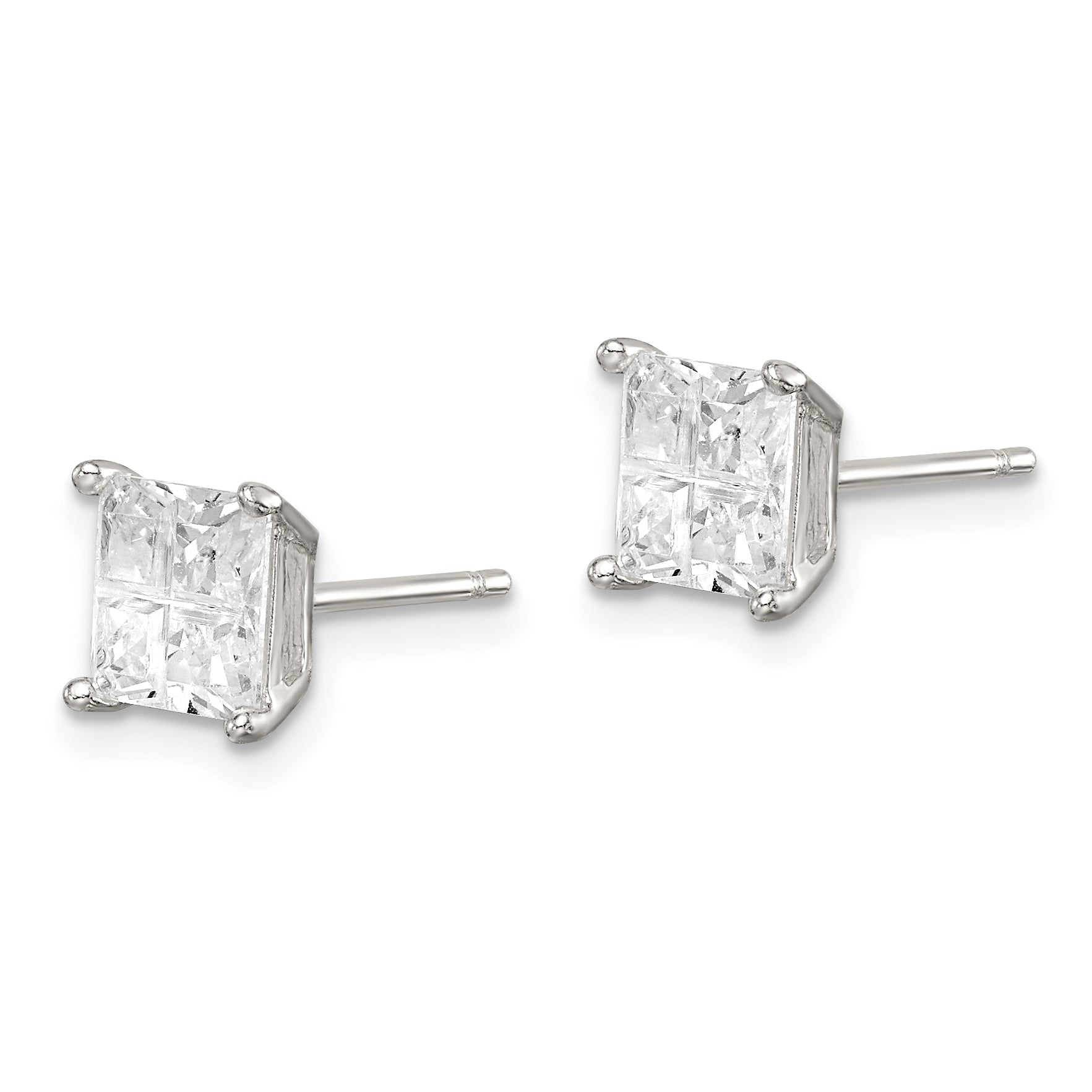 Sterling Silver 6mm Square Cross-Cut Cz Basket Set Stud Earrings