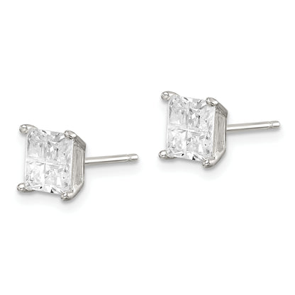 Sterling Silver 6mm Square Cross-Cut Cz Basket Set Stud Earrings