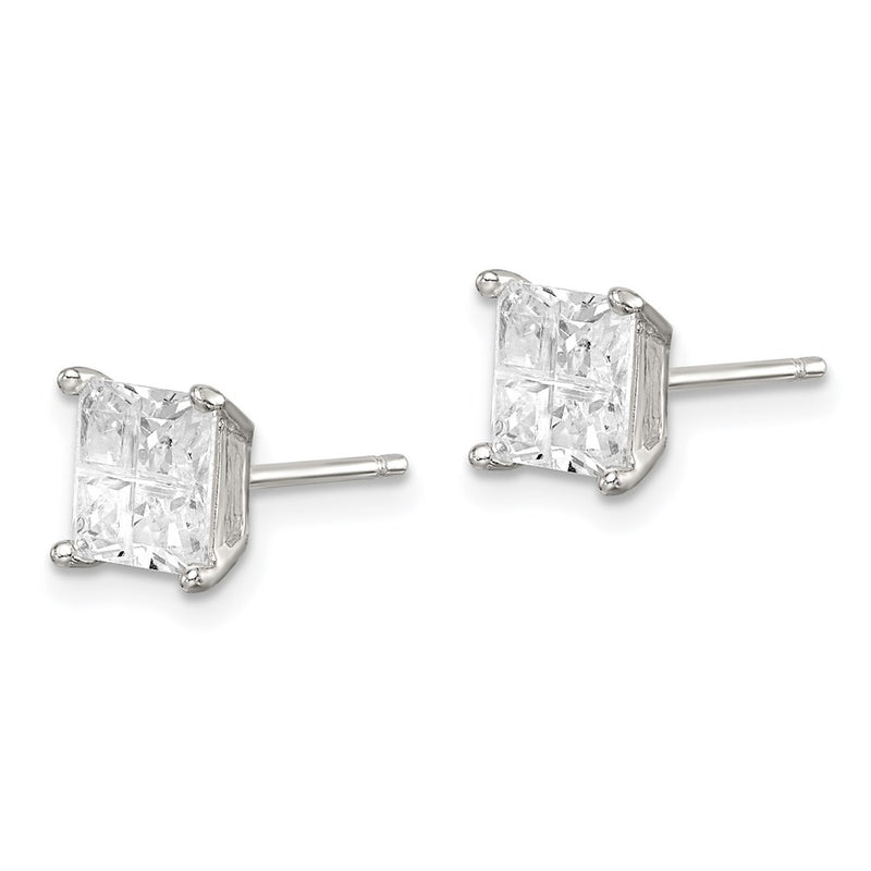Sterling Silver 6mm Square Cross-Cut Cz Basket Set Stud Earrings