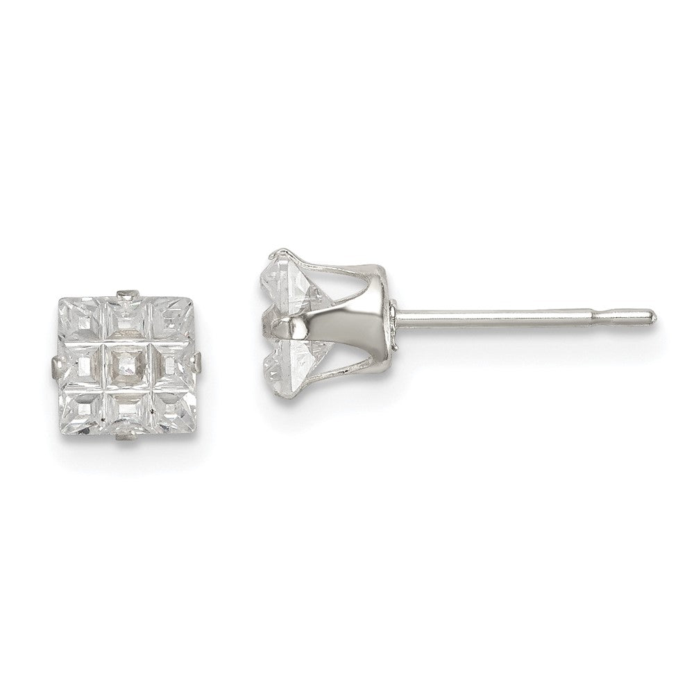 Sterling Silver 5mm Square Snap Set Laser-Cut Cz Stud Earrings