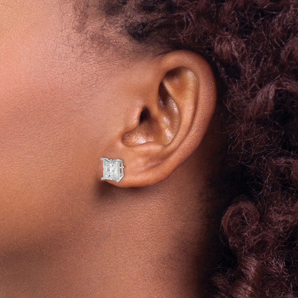 Sterling Silver 8mm Square Laser-Cut Cz Basket Set Stud Earrings