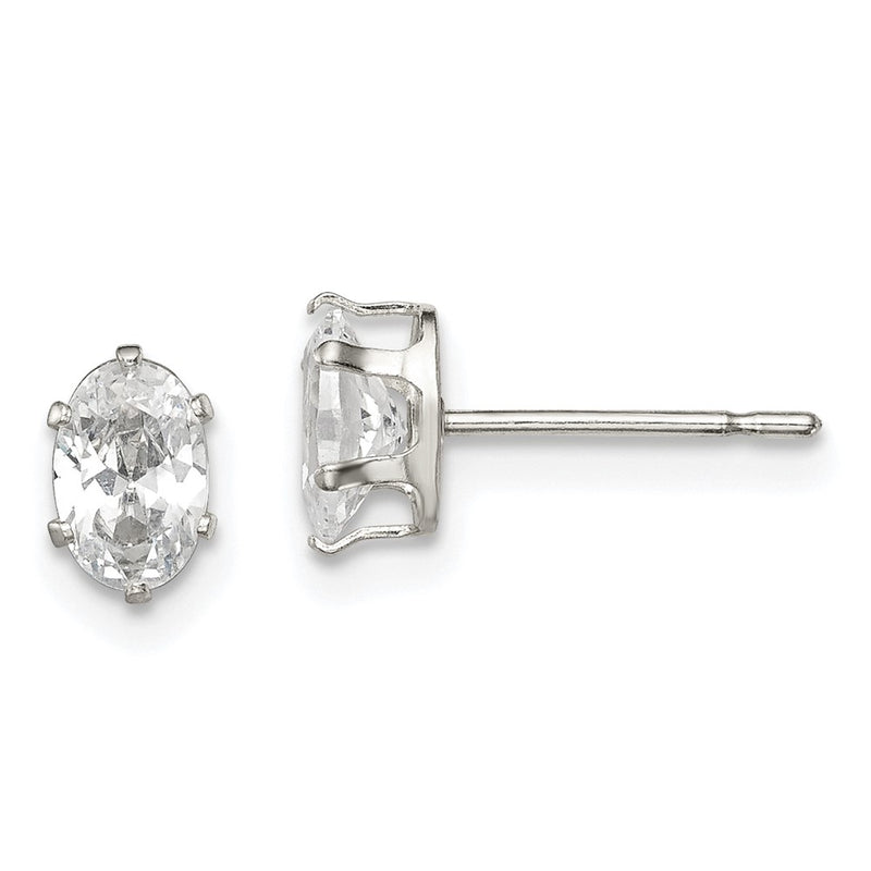 Sterling Silver Polished 6X4mm Oval Snap Set Cz Stud Earrings