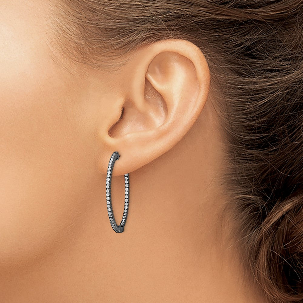 Sterling Silver Shimmer Black Rhodium-Plated 100 Stone 1.3mm Cz In And Out Round Hinged Hoop Earrings