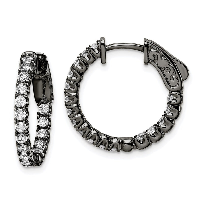 Sterling Silver Shimmer Black Rhodium-Plated 34 Stone 2.0mm Cz In And Out Round Hinged Hoop Earrings