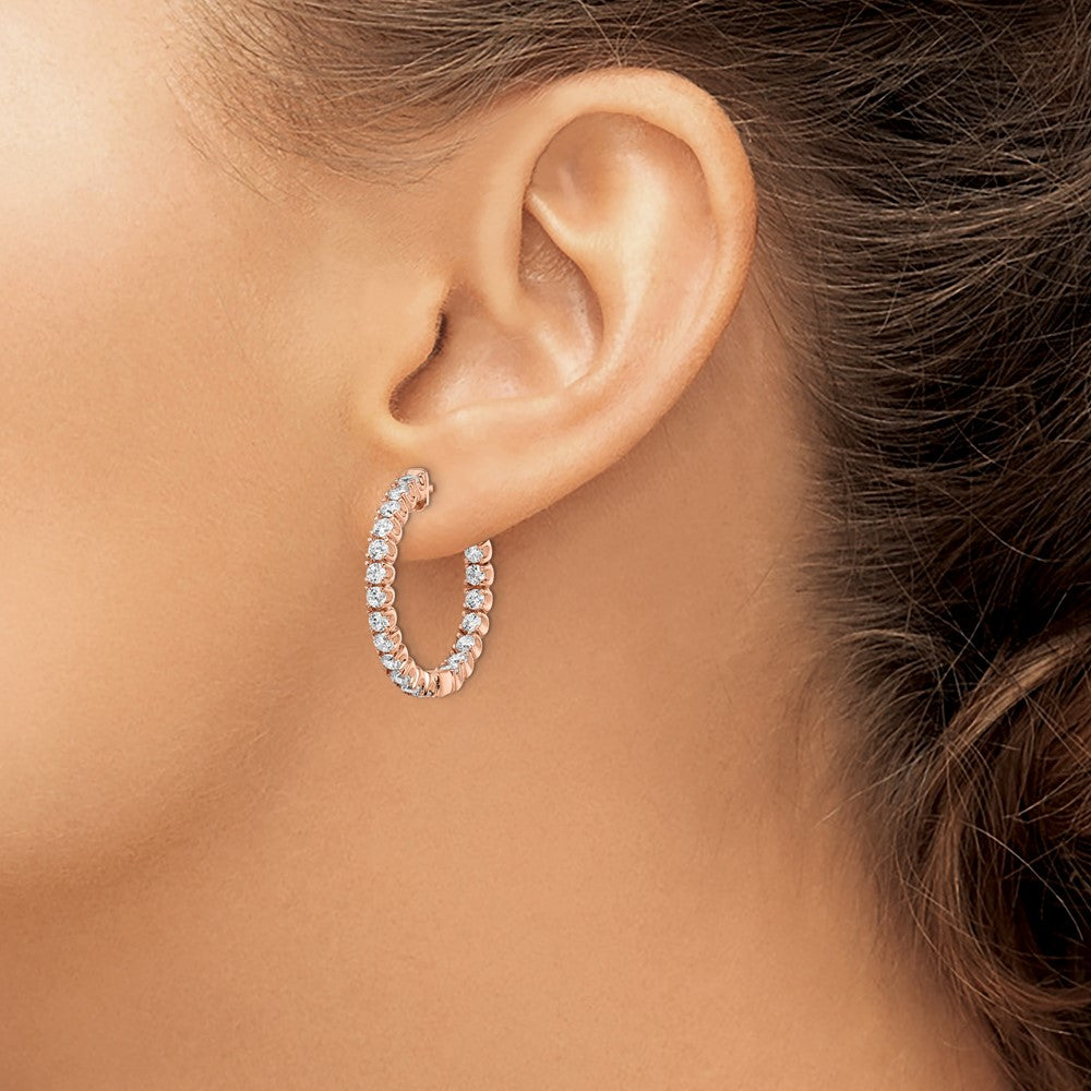 Sterling Silver Shimmer Rose-Tone Rose Gold-Plated 40 Stone 2.25mm Cz In And Out Round Hinged Hoop Earrings