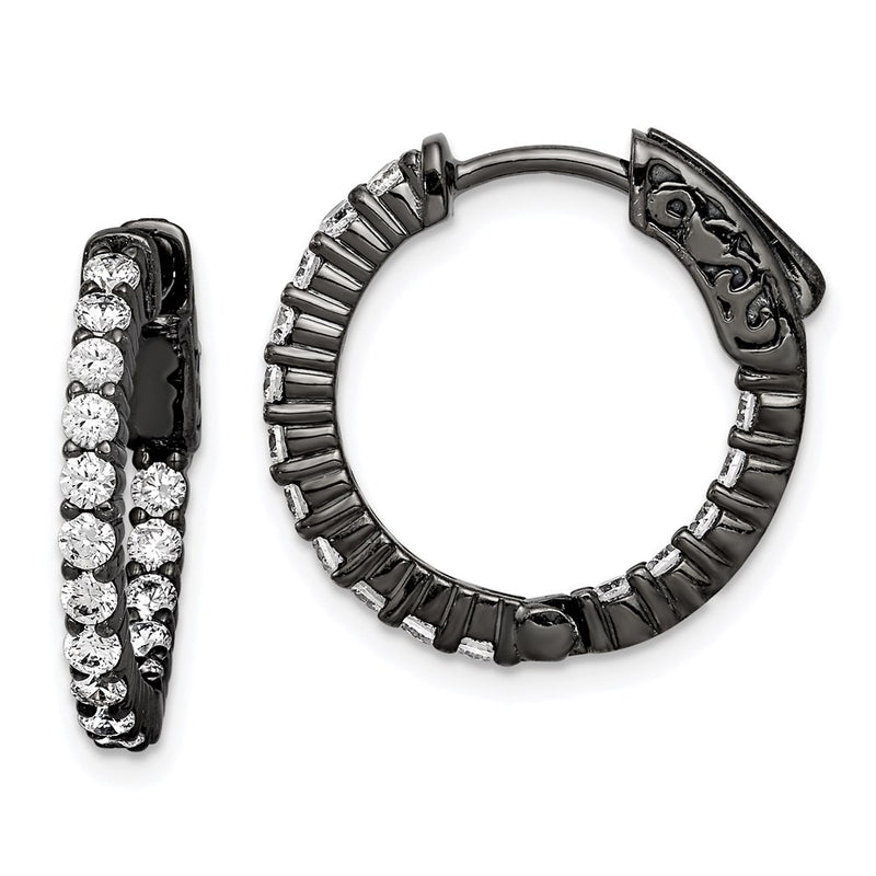 Sterling Silver Shimmer Black Rhodium-Plated 32 Stone 2.0mm Cz In And Out Round Hinged Hoop Earrings