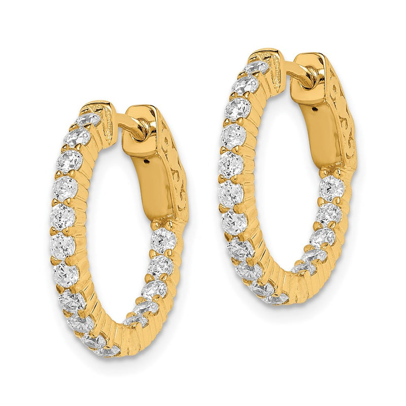 Sterling Silver Shimmer Gold-Tone Flash Gold-Plated 32 Stone 2.0mm Cz In And Out Round Hinged Hoop Earrings