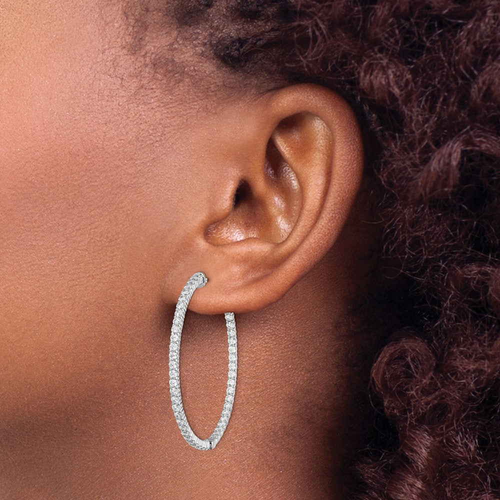 Sterling Silver Shimmer Rhodium-Plated 100 Stone 2mm Cz In And Out Round Hinged Hoop Earrings