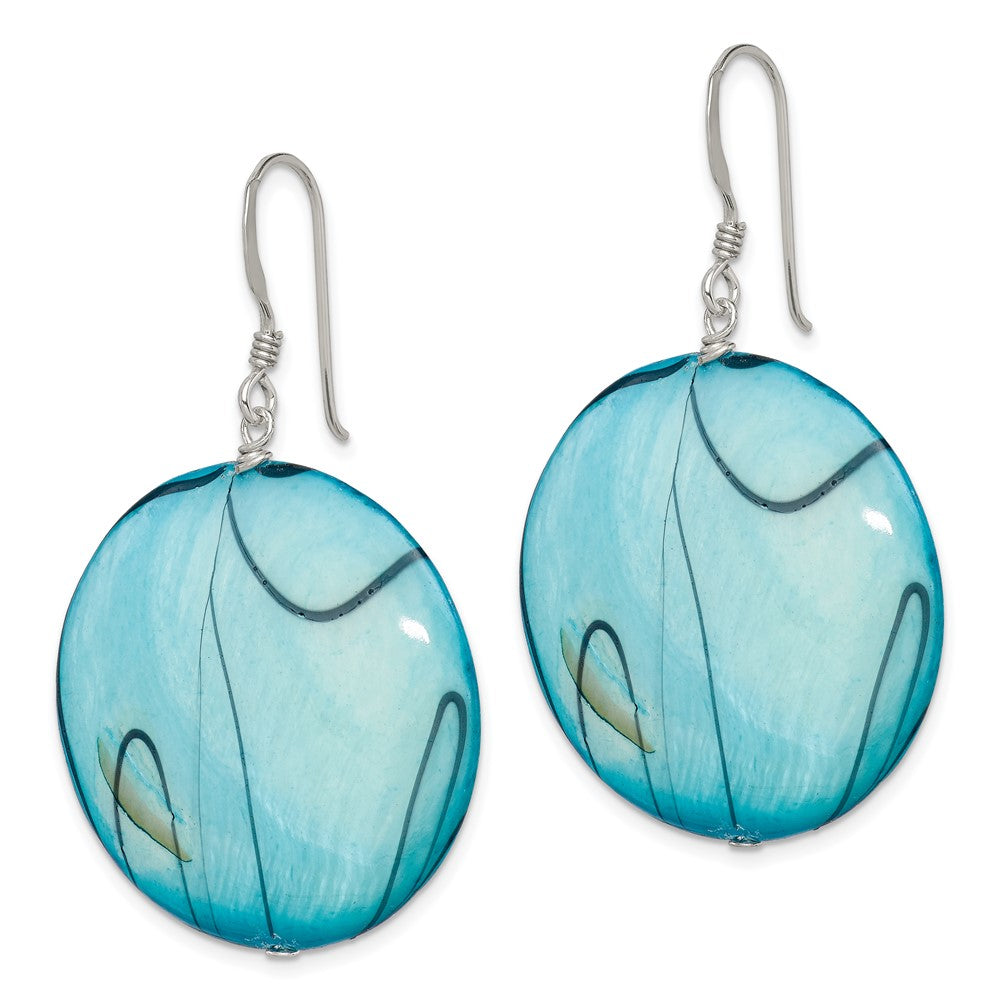 Sterling Silver Polished Blue Mother Of Pearl Circle Dangle Earrings