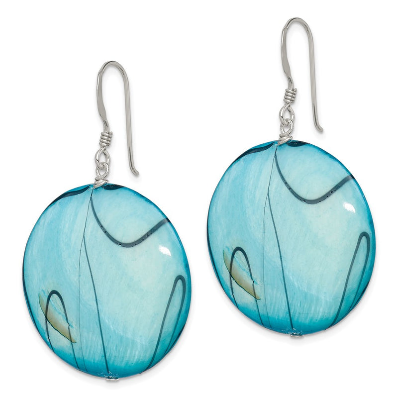 Sterling Silver Polished Blue Mother Of Pearl Circle Dangle Earrings