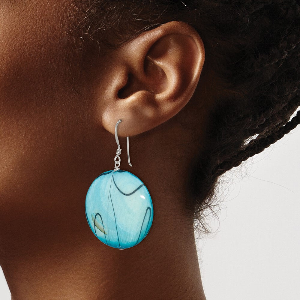 Sterling Silver Polished Blue Mother Of Pearl Circle Dangle Earrings