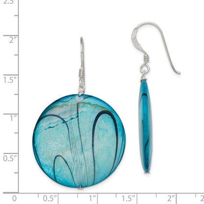 Sterling Silver Polished Blue Mother Of Pearl Circle Dangle Earrings