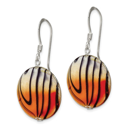 Sterling Silver Polished Orange/Black Mother Of Pearl Disc Dangle Earrings
