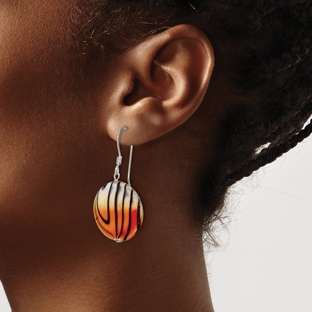 Sterling Silver Polished Orange/Black Mother Of Pearl Disc Dangle Earrings