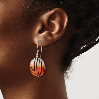 Sterling Silver Polished Orange/Black Mother Of Pearl Disc Dangle Earrings