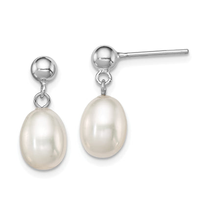 Sterling Silver Rhodium-Plated 7-8mm White Fw Cultured Pearl Earrings