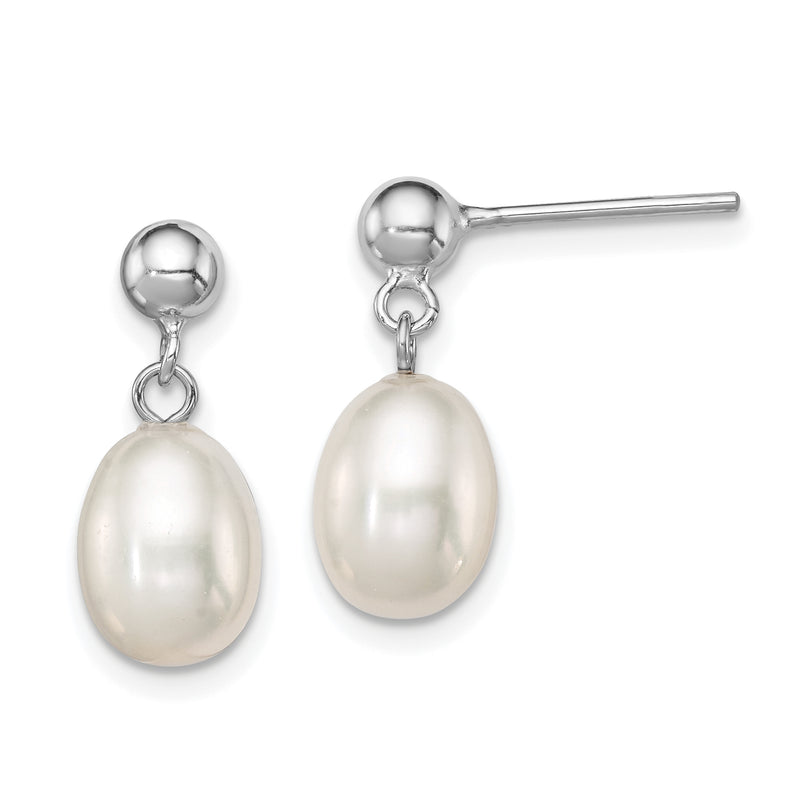 Sterling Silver Rhodium-Plated 7-8mm White Fw Cultured Pearl Earrings