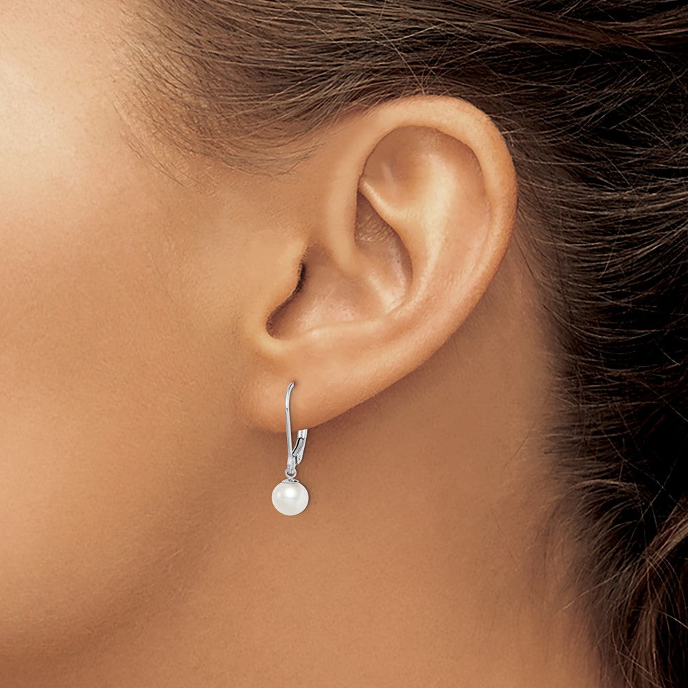 Sterling Silver Rhodium-Plated Polished White 6-7mm Freshwater Cultured Pearl Leverback Dangle Earrings