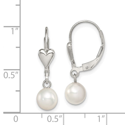Sterling Silver Rhodium-Plated Polished White 6-7mm Freshwater Cultured Pearl Heart Leverback Dangle Earrings