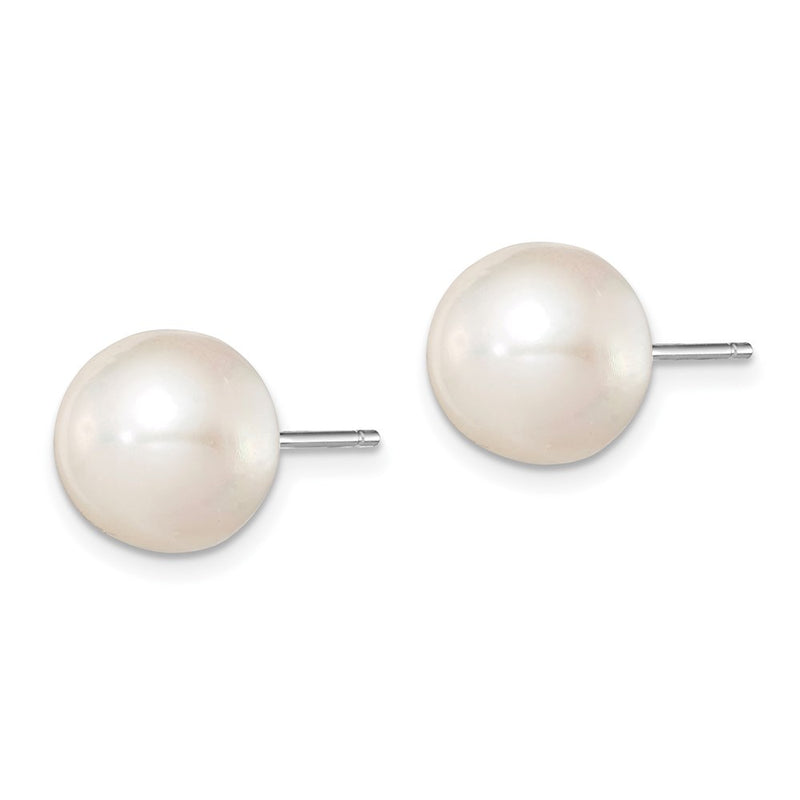Sterling Silver Rh-Plated 10-11mm White Fwc Button Pearl Earrings