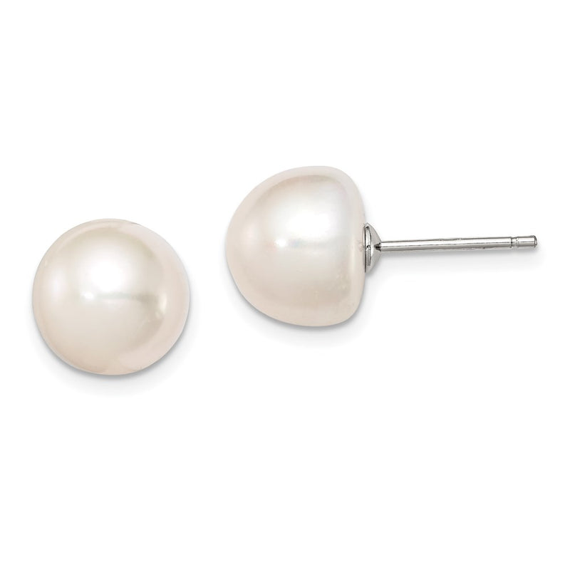 Sterling Silver Rh-Plated 10-11mm White Fwc Button Pearl Earrings