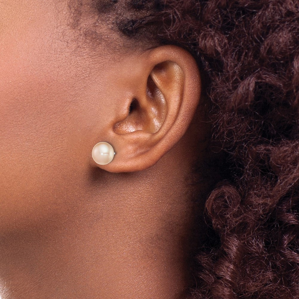 Sterling Silver Rh-Plated 8-9mm Pink Fw Cultured Button Pearl Stud Earrings