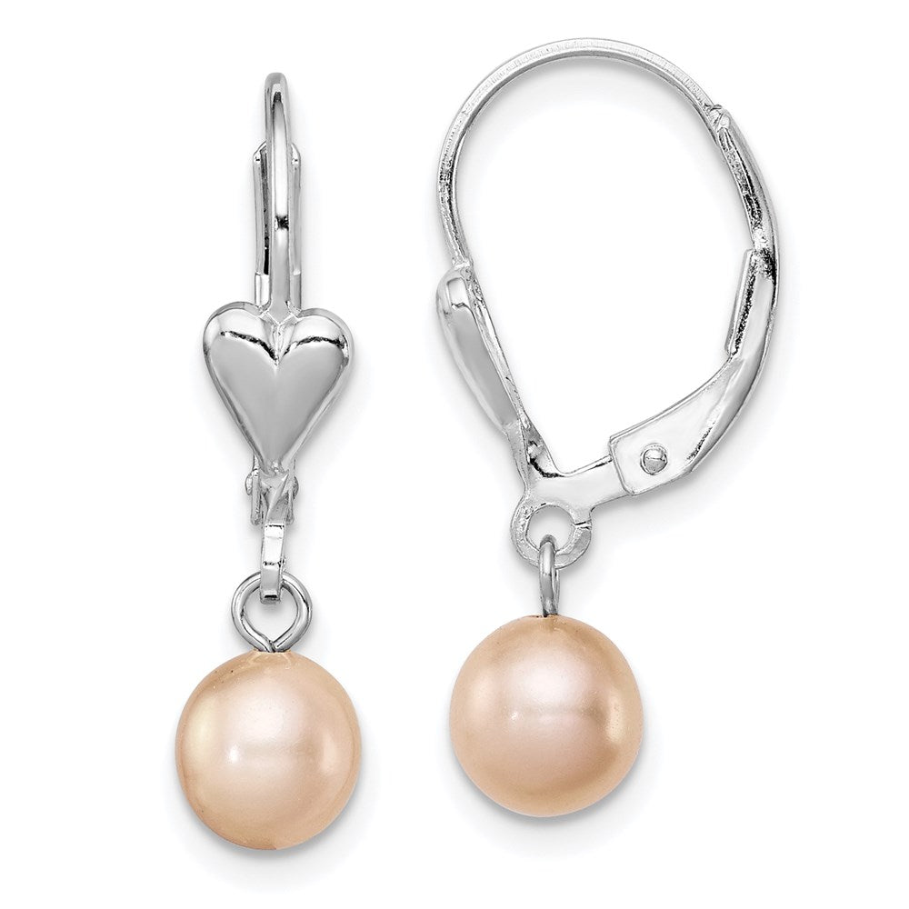 Sterling Silver Rhodium-Plated Polished Pink 6-7mm Freshwater Cultured Pearl Heart Leverback Dangle Earrings