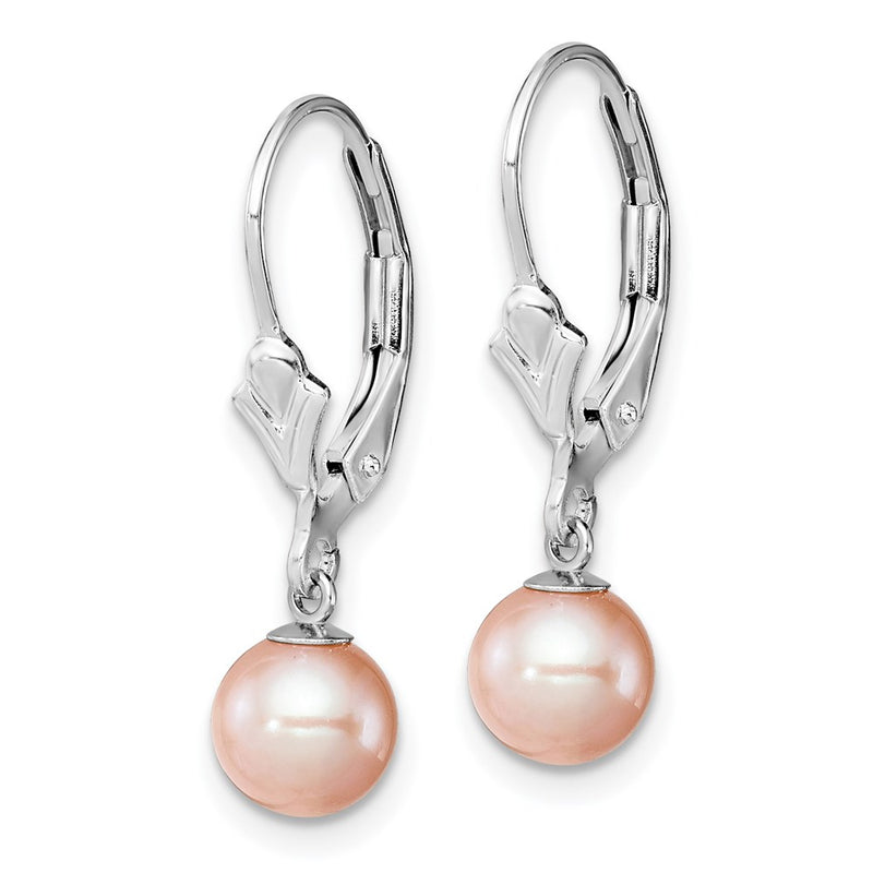 Sterling Silver Rhodium-Plated Polished Pink 6-7mm Freshwater Cultured Pearl Leverback Dangle Earrings