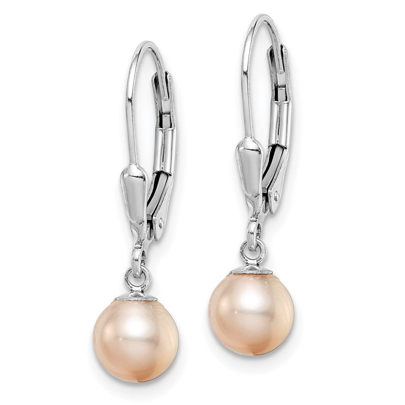 Sterling Silver Rhodium-Plated Polished Pink 6-7mm Freshwater Cultured Pearl Leverback Dangle Earrings